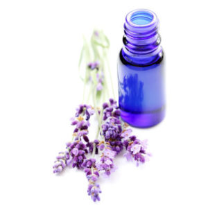 A bottle of lavender oil and some purple flowers.