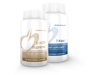 A bottle of 5-htp and 7-keto are next to each other.