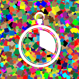 A colorful background with a clock and a play button.